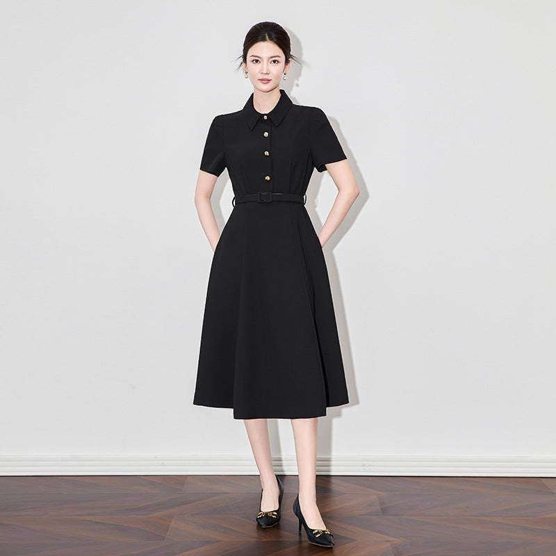 Hepburn Style Short Sleeve Dress Women's Summer Fashion Slimming Skirt High Waist Korean Silk Polyester Fiber
