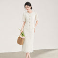 Summer Women Elegant Lace Floral 2 Piece Set Short Sleeve Tops Shirt And High Waist Midi Skirt Outfit Formal Work Casual Daily