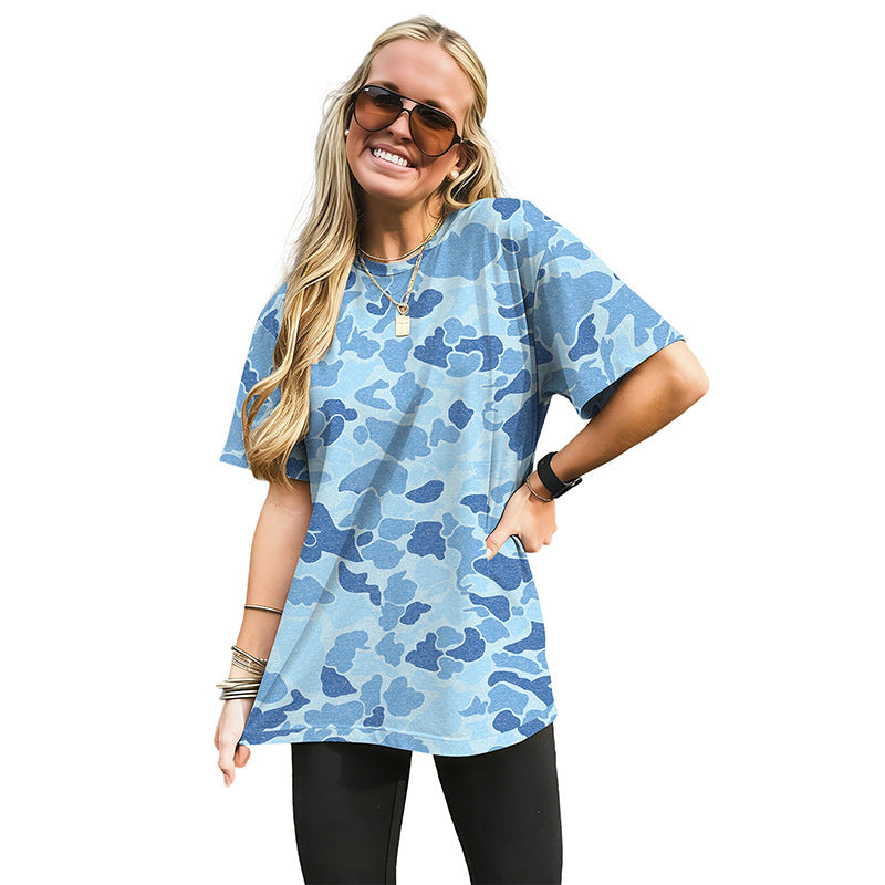 Loose Fashionable Camouflage Knitted Short Sleeve T-Shirt round Neck Workwear Style Polyester Casual Street Trend for Teens