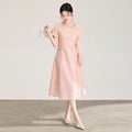 Slimming Tea Rose Embroidery Pattern Lyocell Fabric Waist Cinching Summer Women's Dress Elegant A-Line Midi Dress