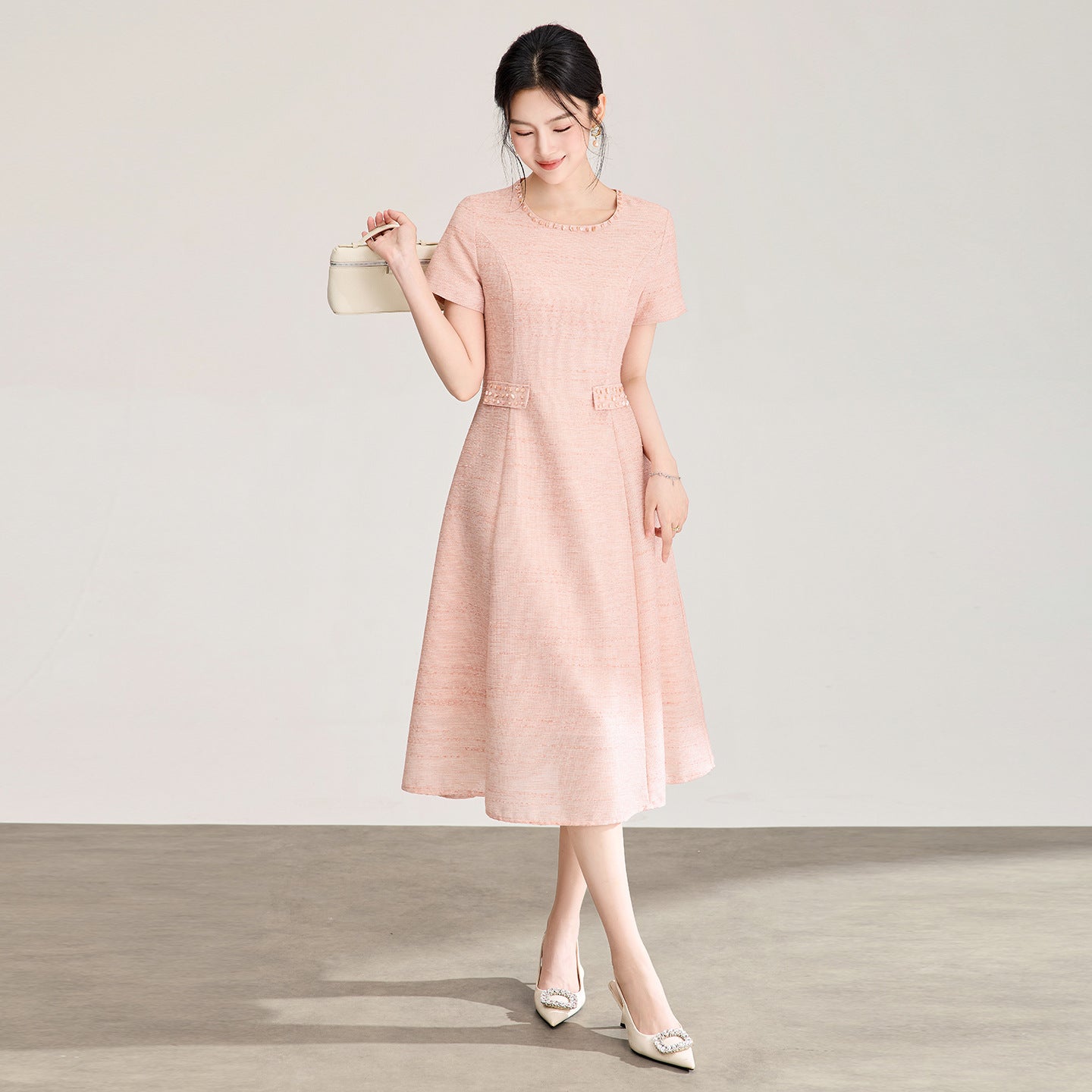 Slimming Tea Rose Embroidery Pattern Lyocell Fabric Waist Cinching Summer Women's Dress Elegant A-Line Midi Dress