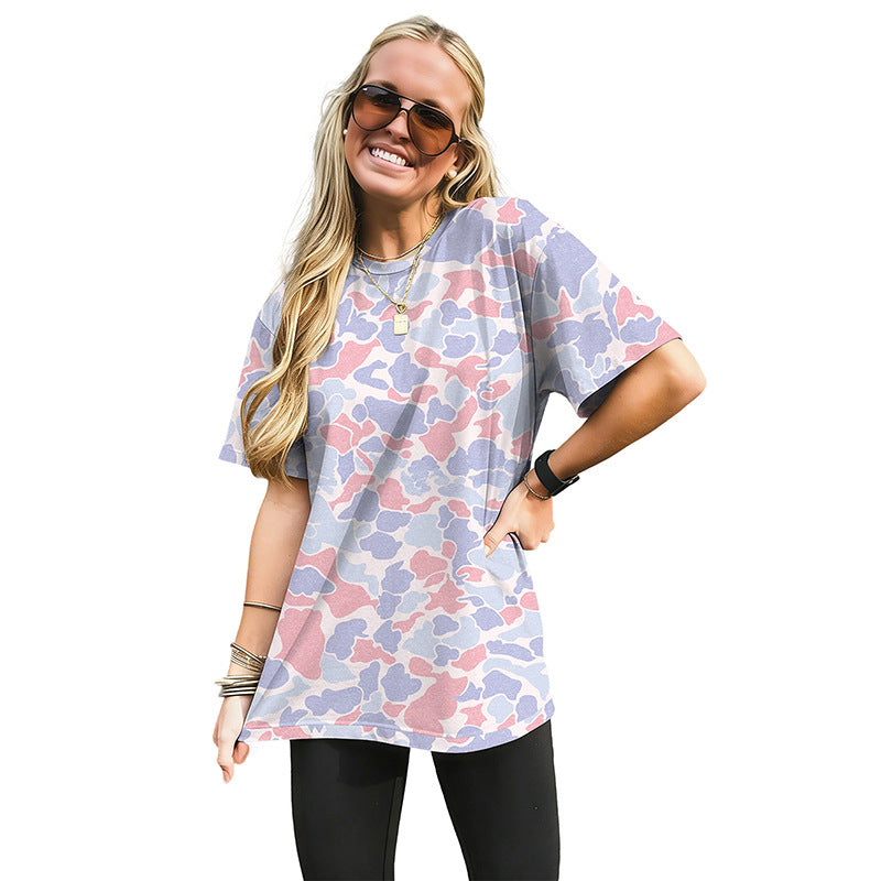 Loose Fashionable Camouflage Knitted Short Sleeve T-Shirt round Neck Workwear Style Polyester Casual Street Trend for Teens