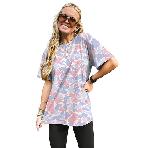 Loose Fashionable Camouflage Knitted Short Sleeve T-Shirt round Neck Workwear Style Polyester Casual Street Trend for Teens