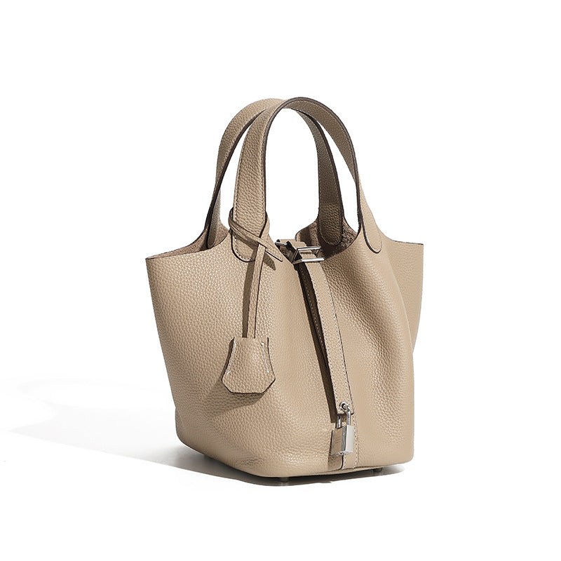 Genuine Leather Shoulder Bucket Bag Women Litchi Pattern Mini Basket Tote Soft Handbag Mommy Bride Wedding Bags with Lock