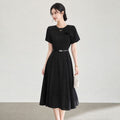 Fashion Women's Elegant Dress O-neck Patchwork Wraps Belt Waist Solid Color Loose Evening Party Dress