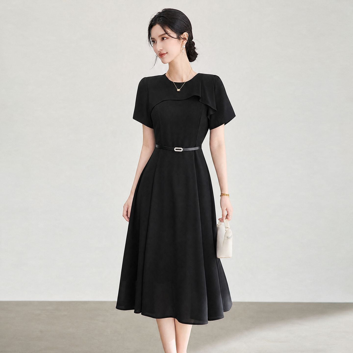 Fashion Women's Elegant Dress O-neck Patchwork Wraps Belt Waist Solid Color Loose Evening Party Dress