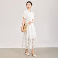Pure Cotton French Style Hollow out Embroidered Water Soluble Lace Dress Youthful A-Line Skirt Short Sleeve mid Waist