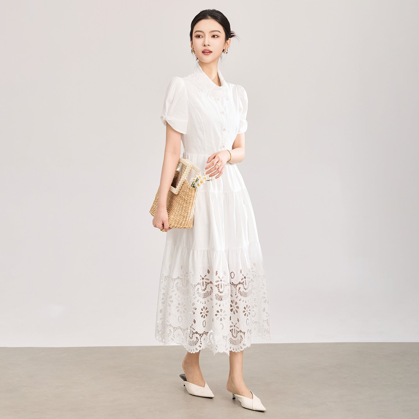 Pure Cotton French Style Hollow out Embroidered Water Soluble Lace Dress Youthful A-Line Skirt Short Sleeve mid Waist