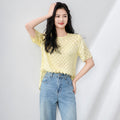 Elegant Yellow round Neck Silk T-Shirt Loose Fashionable Women Summer Top Commute Style Short Sleeve Burnout Fabric Pure Color