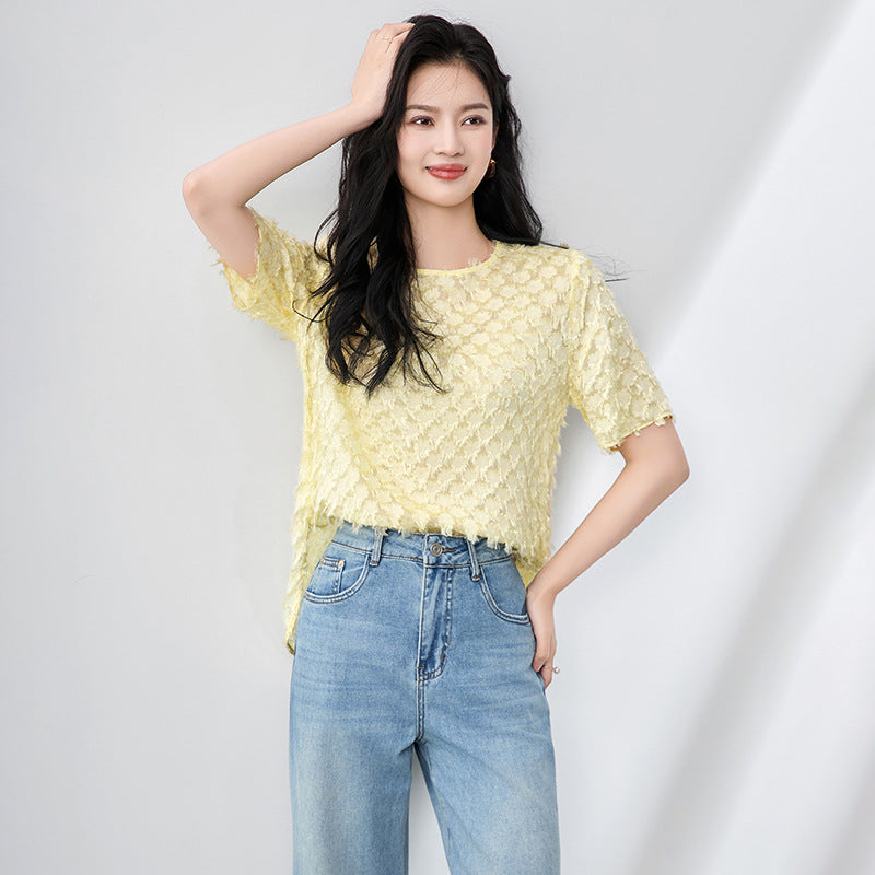 Elegant Yellow round Neck Silk T-Shirt Loose Fashionable Women Summer Top Commute Style Short Sleeve Burnout Fabric Pure Color