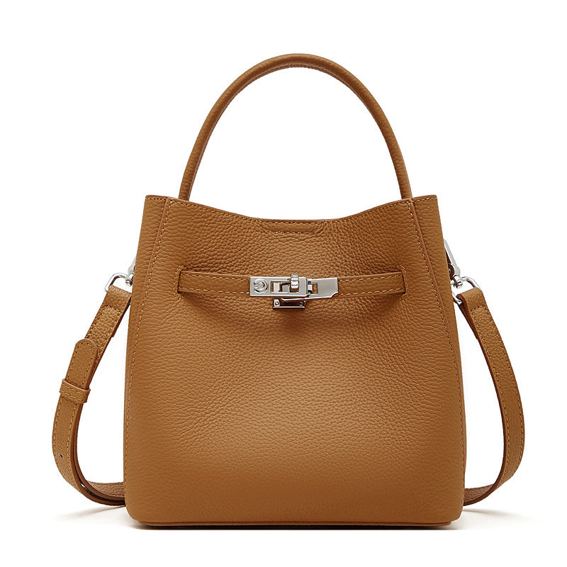 First Layer Cowhide Vegetable Basket Bucket Bag Women's Genuine Leather Versatile Premium Shoulder Bag Portable Oblique Span