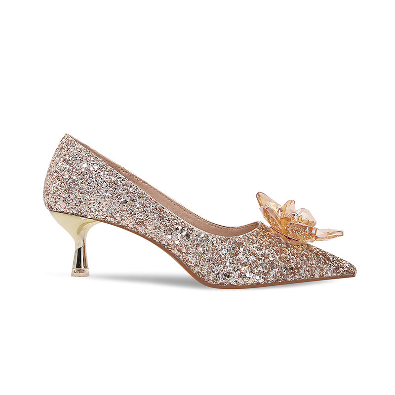 Women's Pumps Pointed Toe Crystal Party Wedding Shoes Woman Crystal Bow Decorative Banquet Shining High Heels Gold Silver
