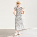Women's Cotton Floral Print Bubble Sleeve round Neck Dress High Waist Midi A-Line Skirt Summer Casual Business Travel Dress