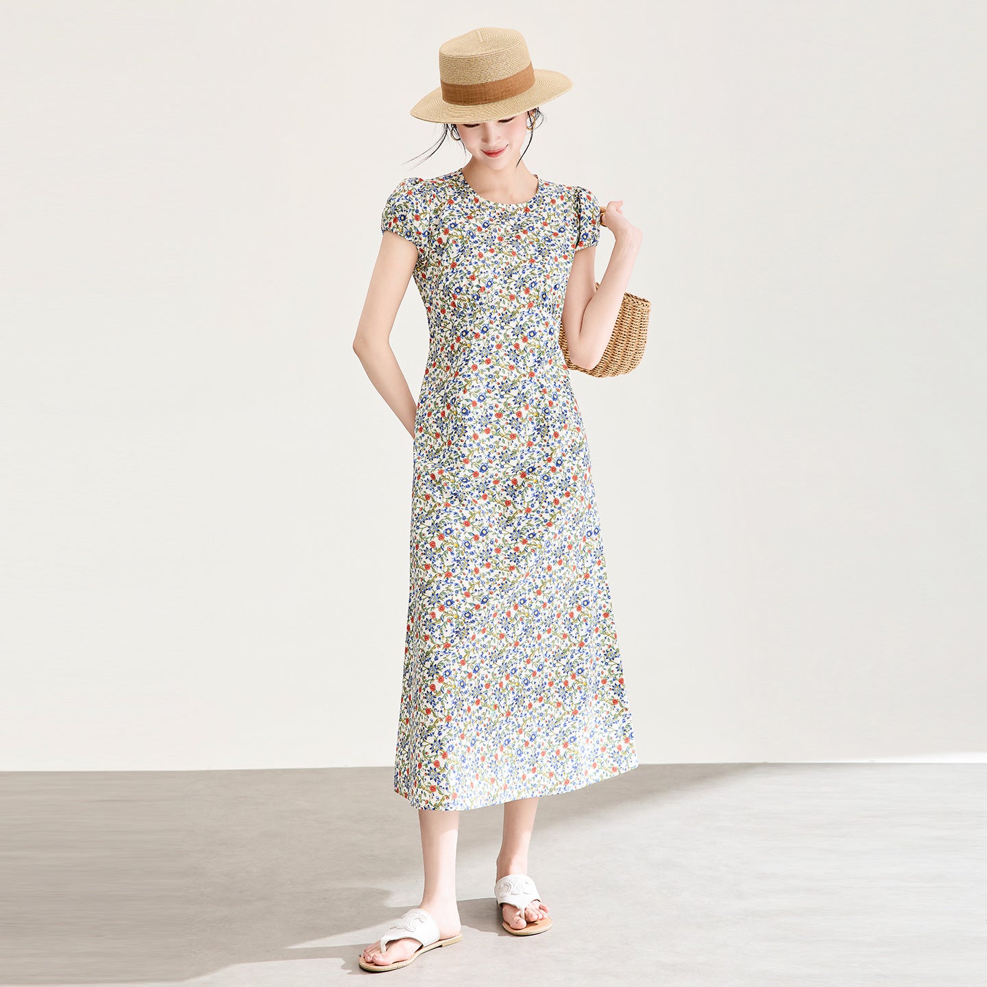 Women's Cotton Floral Print Bubble Sleeve round Neck Dress High Waist Midi A-Line Skirt Summer Casual Business Travel Dress