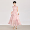 New Chinese Style Reformed Qipao Dress with Waist-Cinching Floral Burnout Patchwork Silk Long A-Line Skirt Business Casual