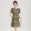 Summer French Elegant Temperament Retro Crew Neck Short Sleeve Plaid Printing High Waist A-line Fashion Short Dress Women