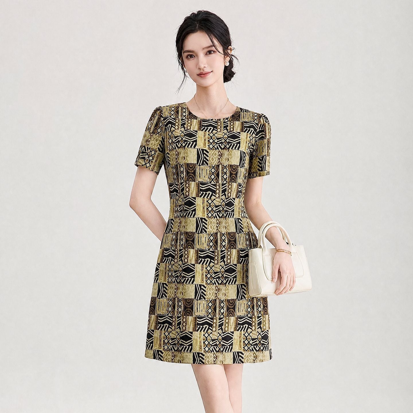 Summer French Elegant Temperament Retro Crew Neck Short Sleeve Plaid Printing High Waist A-line Fashion Short Dress Women