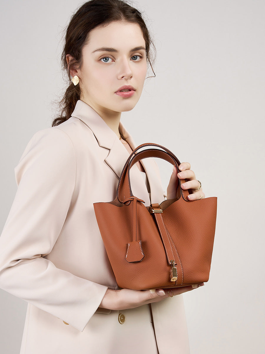 Genuine Leather Shoulder Bucket Bag Women Litchi Pattern Mini Basket Tote Soft Handbag Mommy Bride Wedding Bags with Lock
