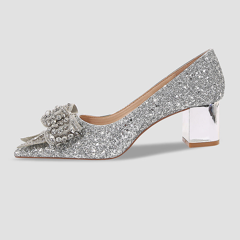 New Crystal Wedding Shoes Bride Shoes Dress Bridesmaid High Heels Sequin Crystal Bow Pumps
