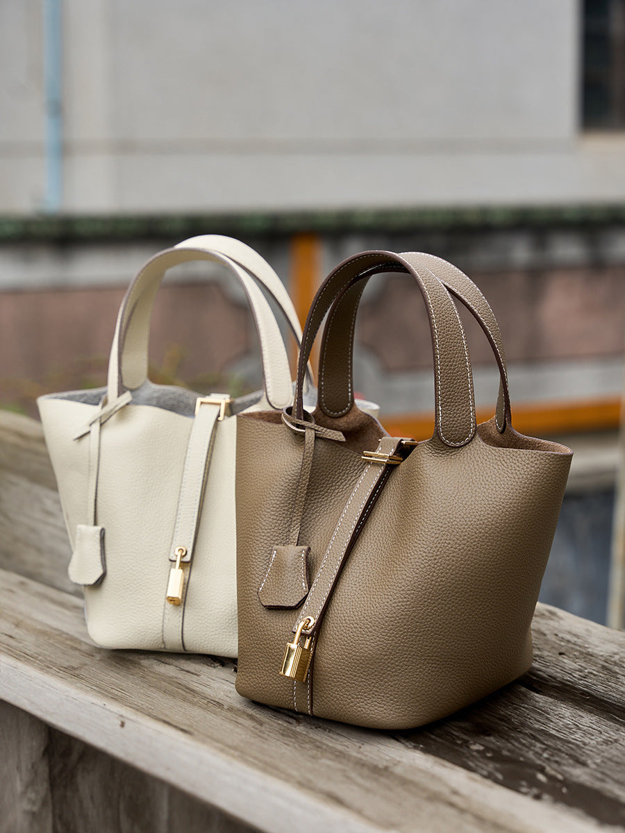 Genuine Leather Shoulder Bucket Bag Women Litchi Pattern Mini Basket Tote Soft Handbag Mommy Bride Wedding Bags with Lock