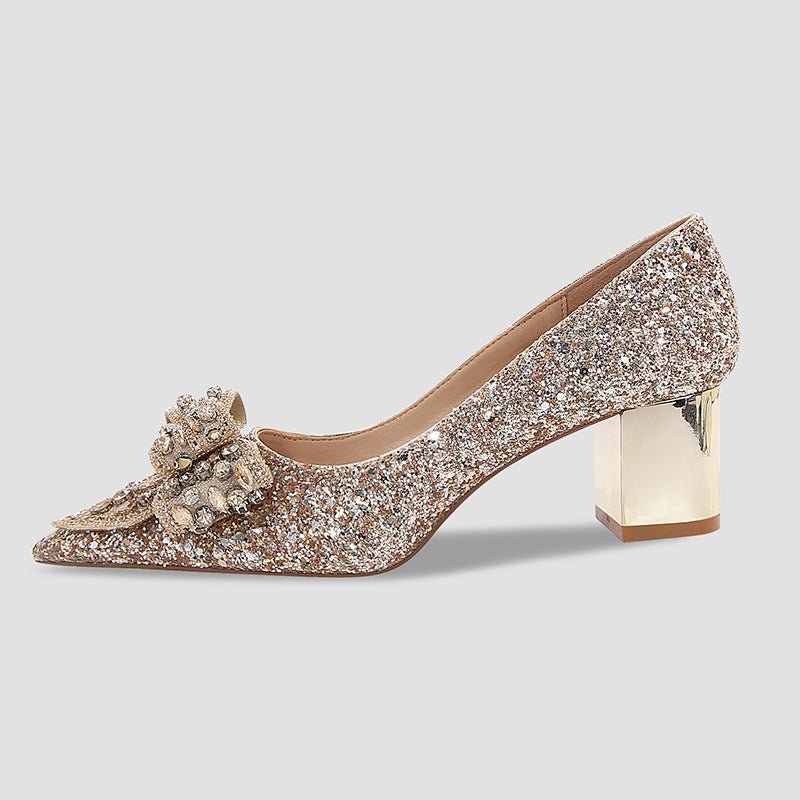 New Crystal Wedding Shoes Bride Shoes Dress Bridesmaid High Heels Sequin Crystal Bow Pumps