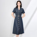 Summer Overalls Dress  Women Shirt Dress Elegant OL Work Sundress Lapel Neck Short Sleeve Buttons Midi Robe