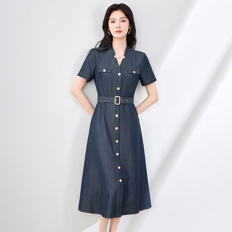 Summer Overalls Dress  Women Shirt Dress Elegant OL Work Sundress Lapel Neck Short Sleeve Buttons Midi Robe