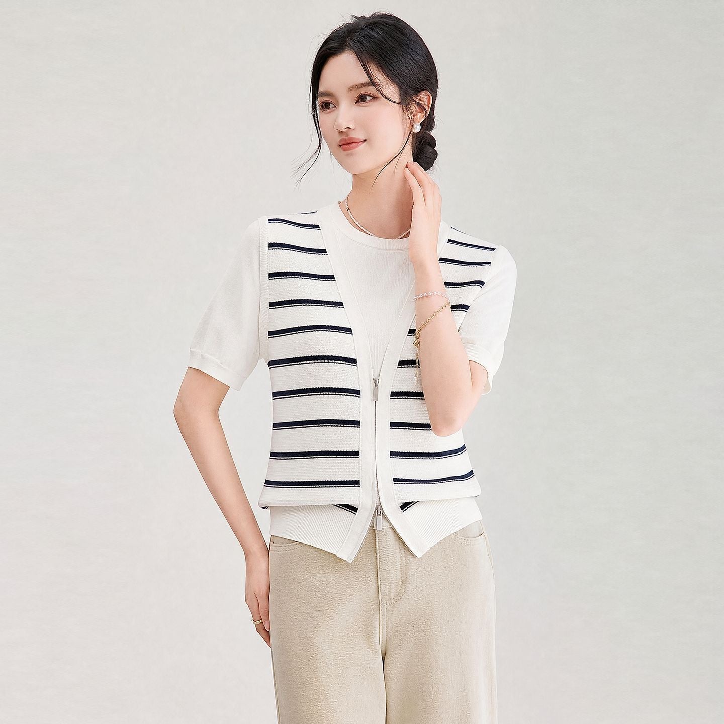 Striped Knitted Women Waistcoat Autumn V Neck Sleeveless Irregular Hem Cardigan Jacket Vest Crop Top