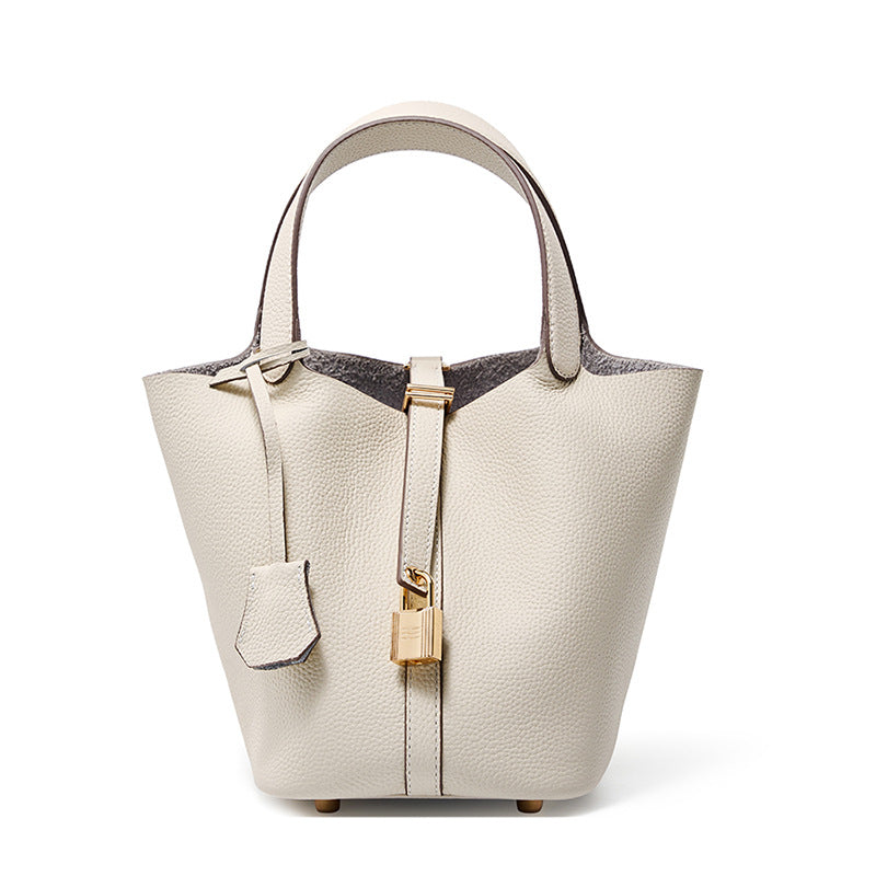 Genuine Leather Shoulder Bucket Bag Women Litchi Pattern Mini Basket Tote Soft Handbag Mommy Bride Wedding Bags with Lock