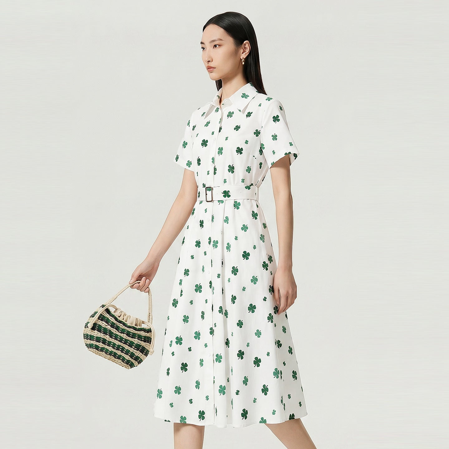 100% Cotton Women's Casual Shirt Dress Summer New Runway Fashion Print Short Sleeve Midi White Vacation Dresses Lady