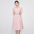 Women Small Fragrant Round Neck Drill Buckle Elegant A-Line Dress Fashion Simple Waist Vintage Sweet Office Lady Pink Dress