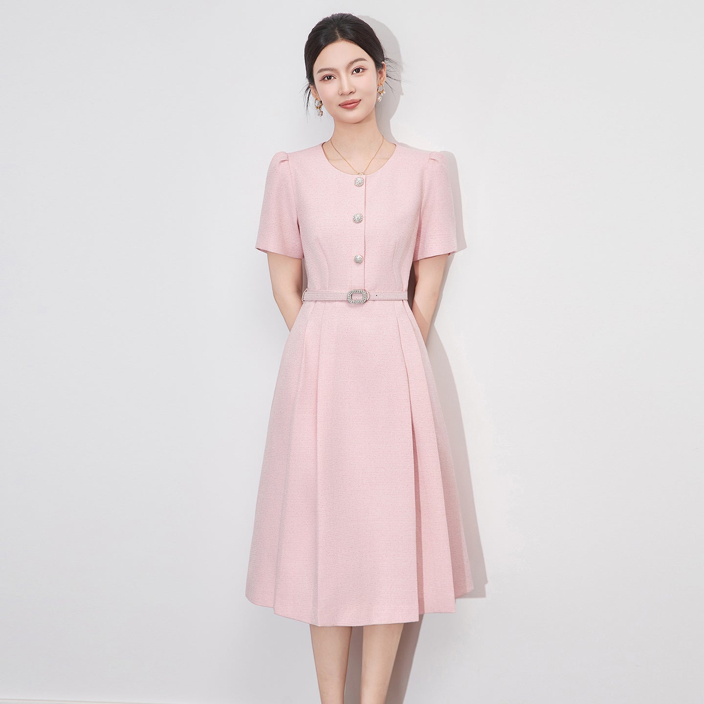 Women Small Fragrant Round Neck Drill Buckle Elegant A-Line Dress Fashion Simple Waist Vintage Sweet Office Lady Pink Dress