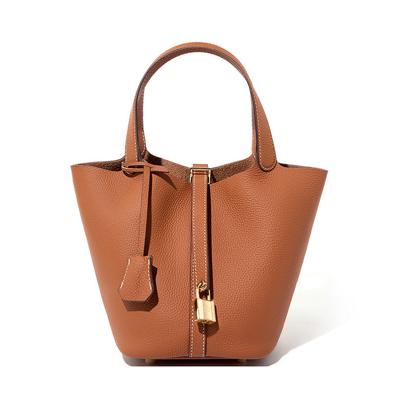 Genuine Leather Shoulder Bucket Bag Women Litchi Pattern Mini Basket Tote Soft Handbag Mommy Bride Wedding Bags with Lock