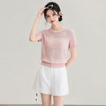 Summer New High-End Knitted Hollow out Silk T-Shirt Women's Cool Breathable round Neck Short Sleeve Fashionable Top