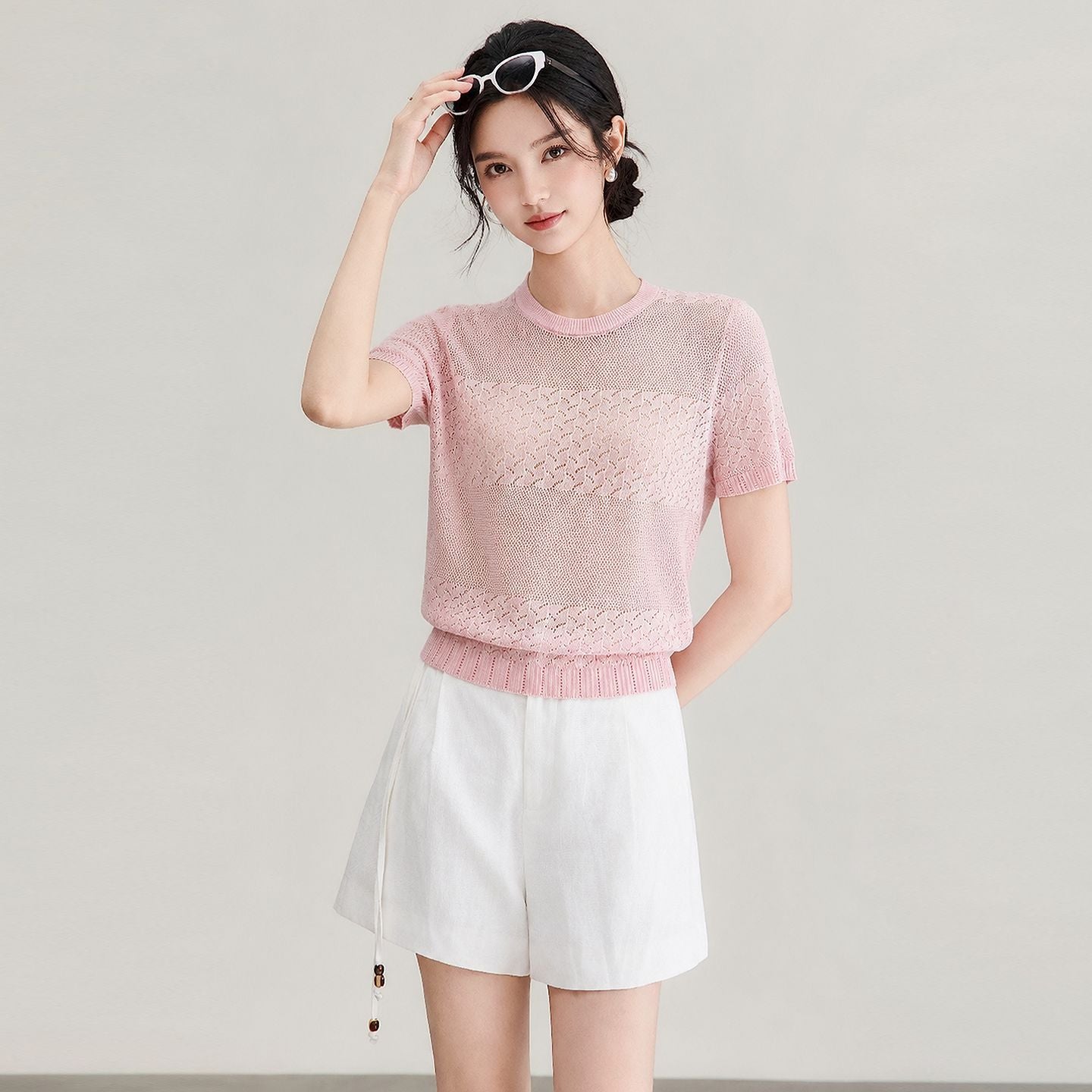 Summer New High-End Knitted Hollow out Silk T-Shirt Women's Cool Breathable round Neck Short Sleeve Fashionable Top