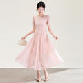 Pink Diamond Decorated Pearl round Neck Short Sleeve Lace Dress Elegant Ladylike Thousand Gold Sensation Mini Dress