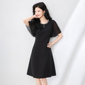 Elegant Black Dress with Pleated Sleeves And Waist-Cinching Design for Women Short Sleeve round Neck Daily Wear