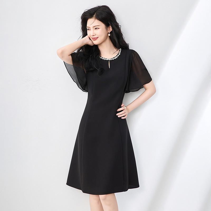 Elegant Black Dress with Pleated Sleeves And Waist-Cinching Design for Women Short Sleeve round Neck Daily Wear