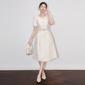 Women Round Neck Short Puff Sleeve Rhinestone Button Belted Textured Midi Dress Office Evening Party Wear