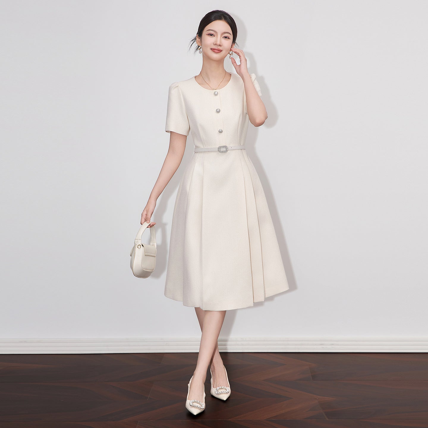 Women Round Neck Short Puff Sleeve Rhinestone Button Belted Textured Midi Dress Office Evening Party Wear