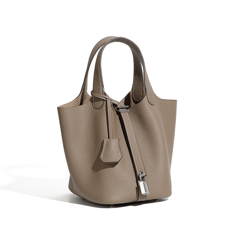 Genuine Leather Shoulder Bucket Bag Women Litchi Pattern Mini Basket Tote Soft Handbag Mommy Bride Wedding Bags with Lock