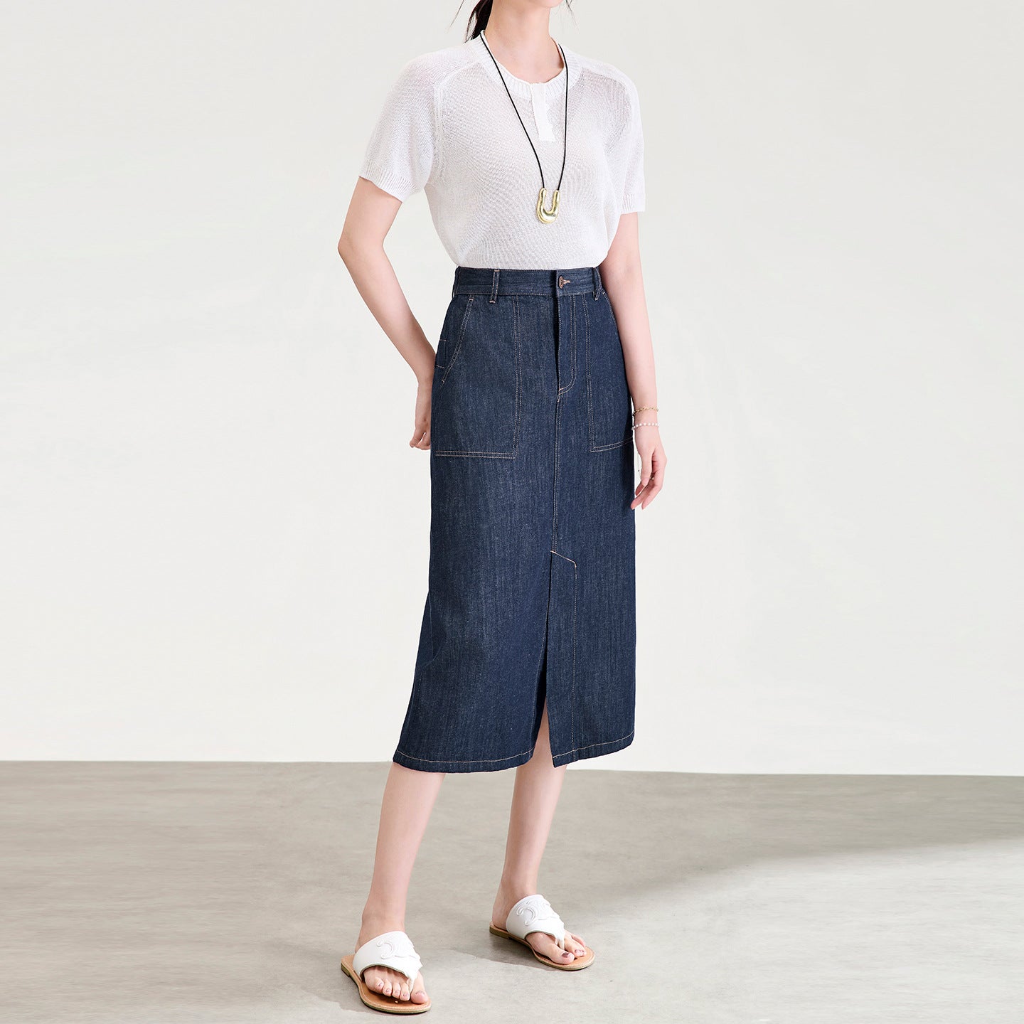 Women Denim Midi Skirt High Waist Split Design Skirt Autumn Contrasting A-line Loose Skirt Women's Clothing