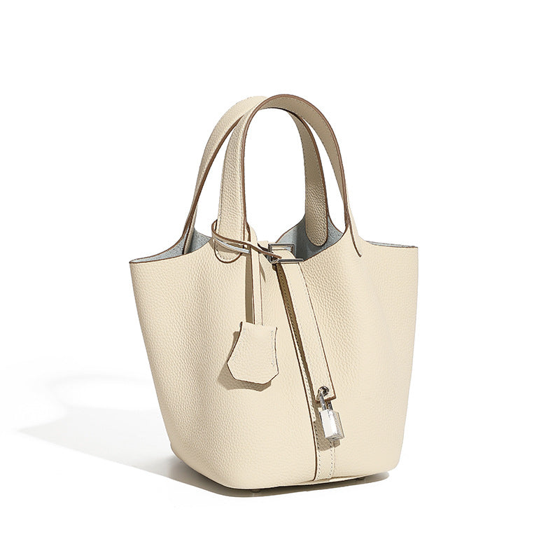 Genuine Leather Shoulder Bucket Bag Women Litchi Pattern Mini Basket Tote Soft Handbag Mommy Bride Wedding Bags with Lock