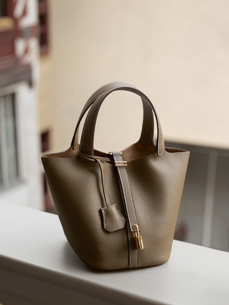 Genuine Leather Shoulder Bucket Bag Women Litchi Pattern Mini Basket Tote Soft Handbag Mommy Bride Wedding Bags with Lock