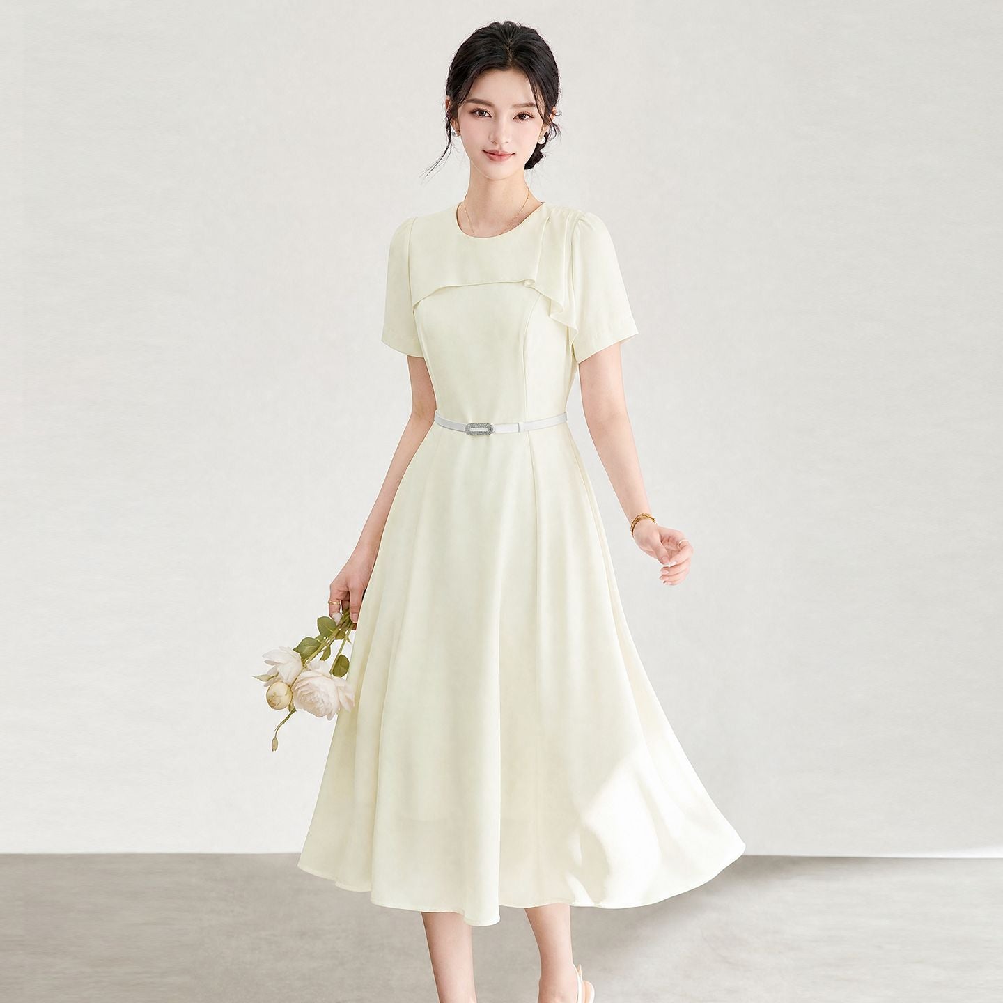 French Style Dress Thin Cowl Sleeve Elegant White Waist Cinched Summer New Arrival A-Line Midi Dress
