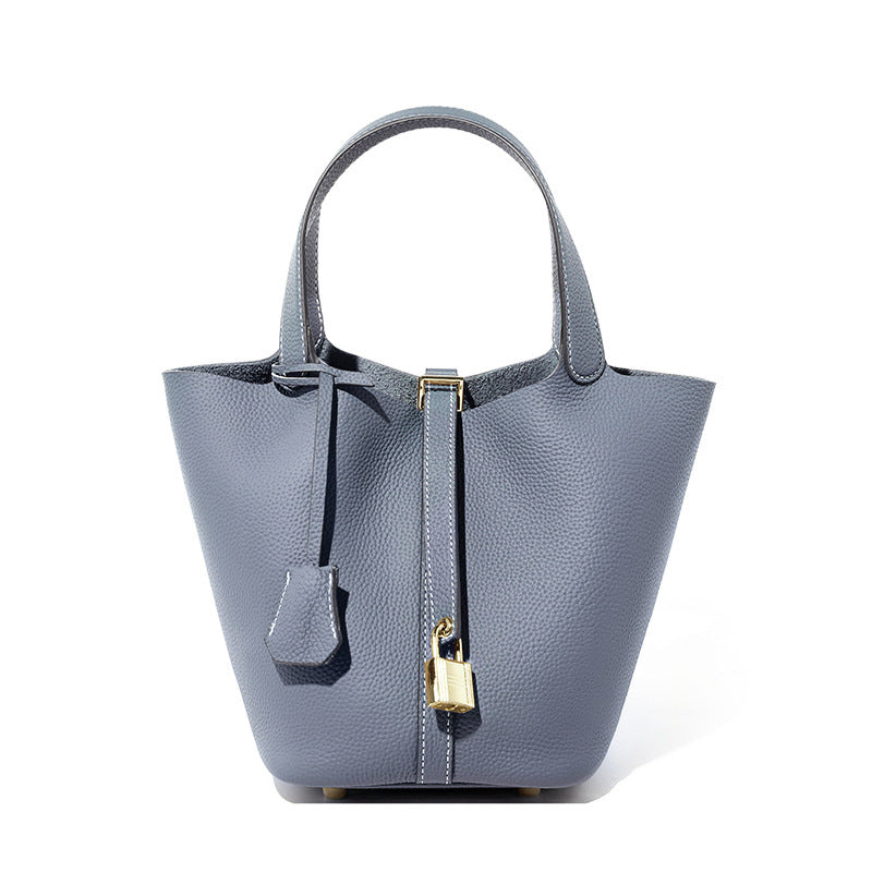 Genuine Leather Shoulder Bucket Bag Women Litchi Pattern Mini Basket Tote Soft Handbag Mommy Bride Wedding Bags with Lock