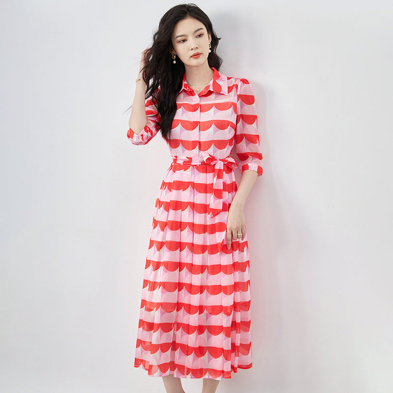 Summer Elegant Three-Dimensional Flower Embroidery Lapel Short Sleeved Waist Dress Summer New Fashionable Women'S Clothing