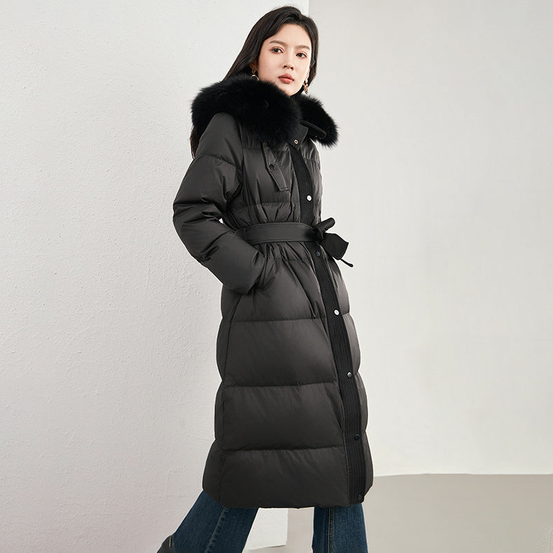 White Goose down Coat Long Over-Knee Warm Outerwear Women's Winter Fashion Thickened Nylon Fabric Fox Fur Collar Non-Removable