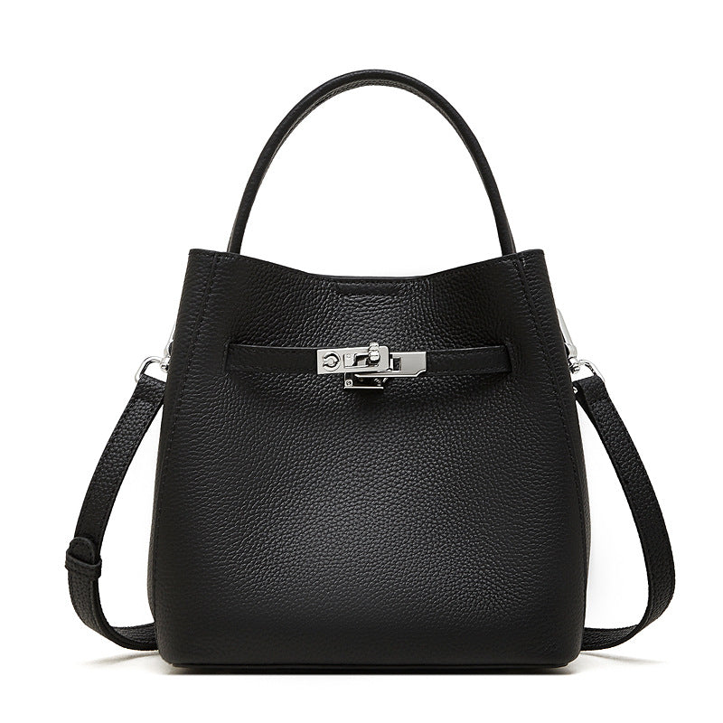 First Layer Cowhide Vegetable Basket Bucket Bag Women's Genuine Leather Versatile Premium Shoulder Bag Portable Oblique Span