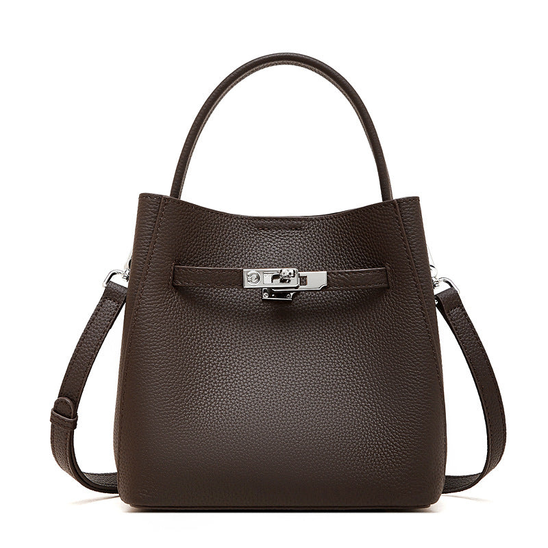 First Layer Cowhide Vegetable Basket Bucket Bag Women's Genuine Leather Versatile Premium Shoulder Bag Portable Oblique Span